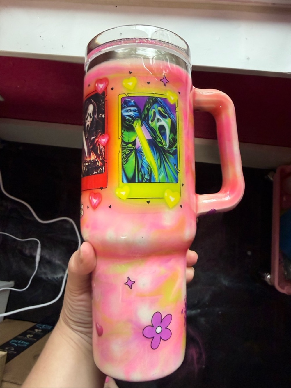 Ghost Face Scream Horror Movie Pink Swirl Glitter Tumbler Cup 40 oz